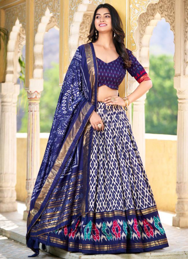 Tussar Silk Navy Blue Navratri Wear Ikkat Print Lehenga Choli